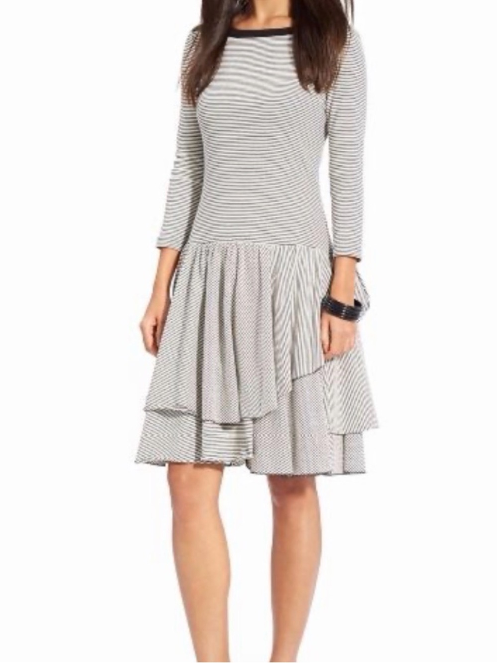 Ralph Lauren Black & White Striped Tiered Long-Sleeve Dress